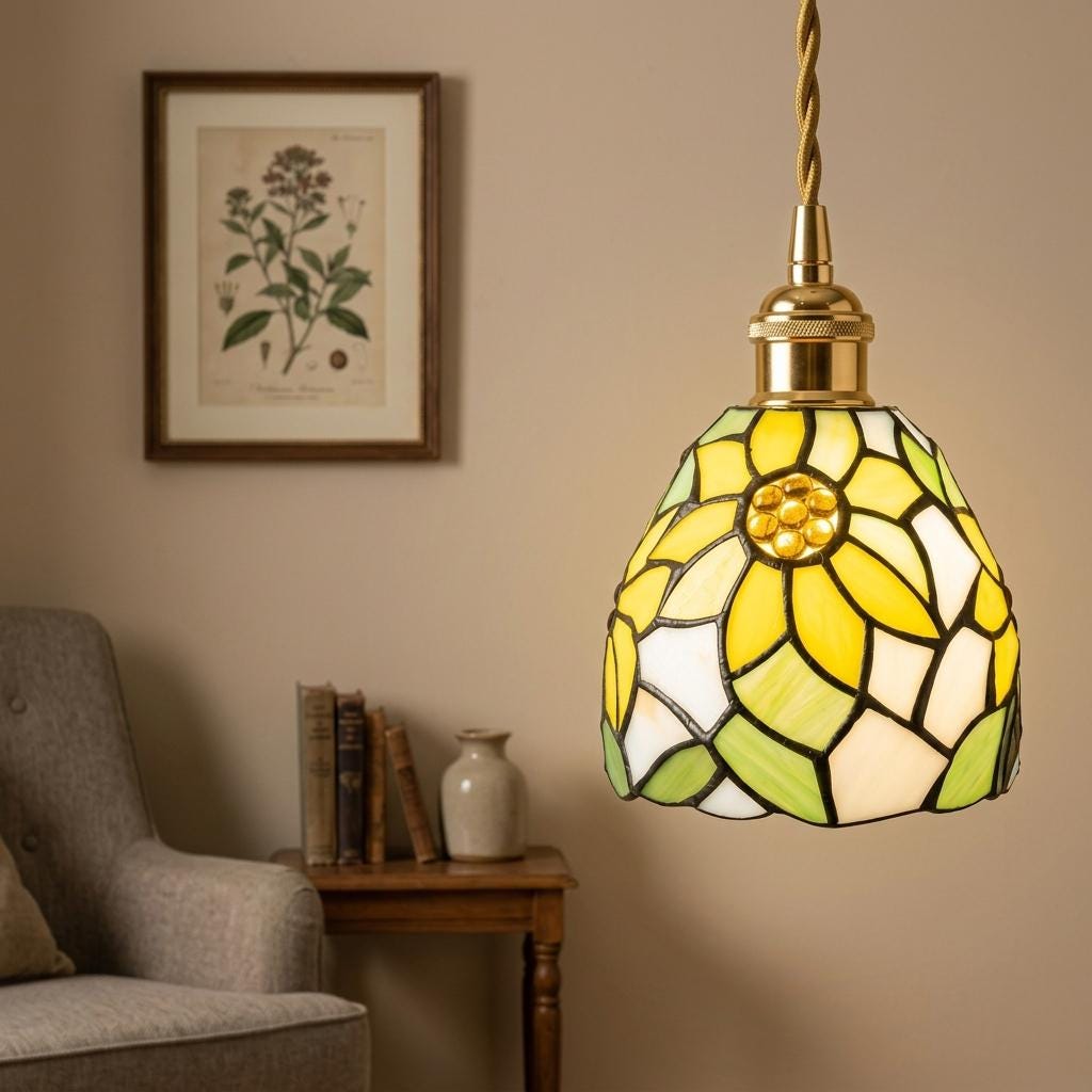 Handmade Yellow Floral Dome Tiffany-Inspired Pendant Light with Green Botanical Motifs - view 8