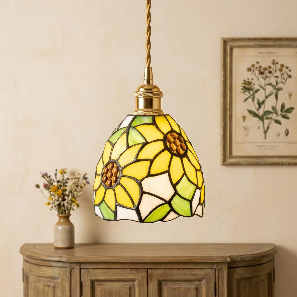 Handmade Yellow Floral Dome Tiffany-Inspired Pendant Light with Green Botanical Motifs - view 10