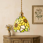 Handmade Yellow Floral Dome Tiffany-Inspired Pendant Light with Green Botanical Motifs - view 10