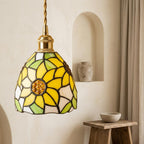 Handmade Yellow Floral Dome Tiffany-Inspired Pendant Light with Green Botanical Motifs - view 7