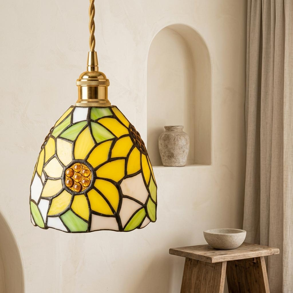 Handmade Yellow Floral Dome Tiffany-Inspired Pendant Light with Green Botanical Motifs - view 7