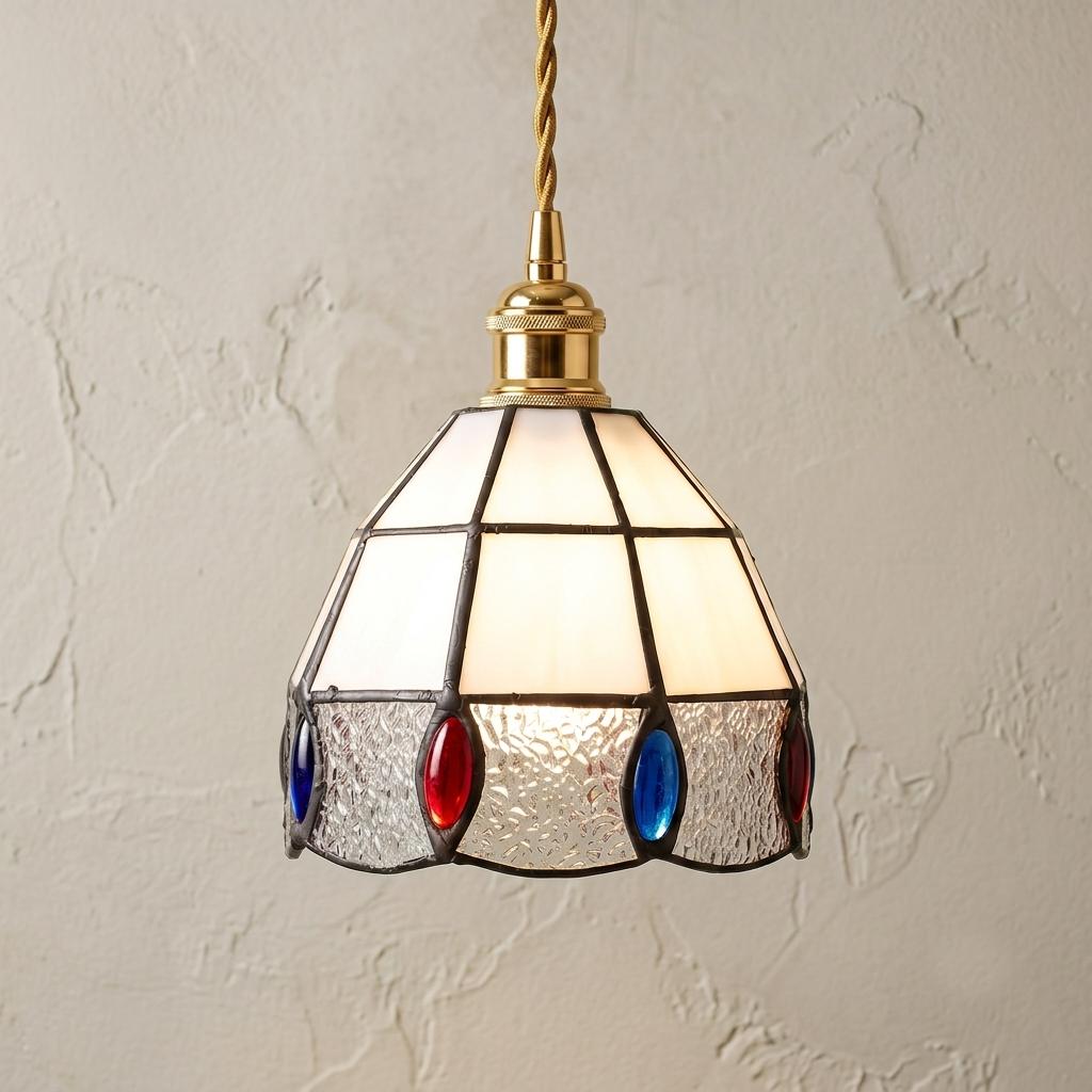 Handmade Cream Faceted Bell Tiffany-Inspired Pendant Light with Red, Blue, and Amber-tone Ovals by AuroraeGlass