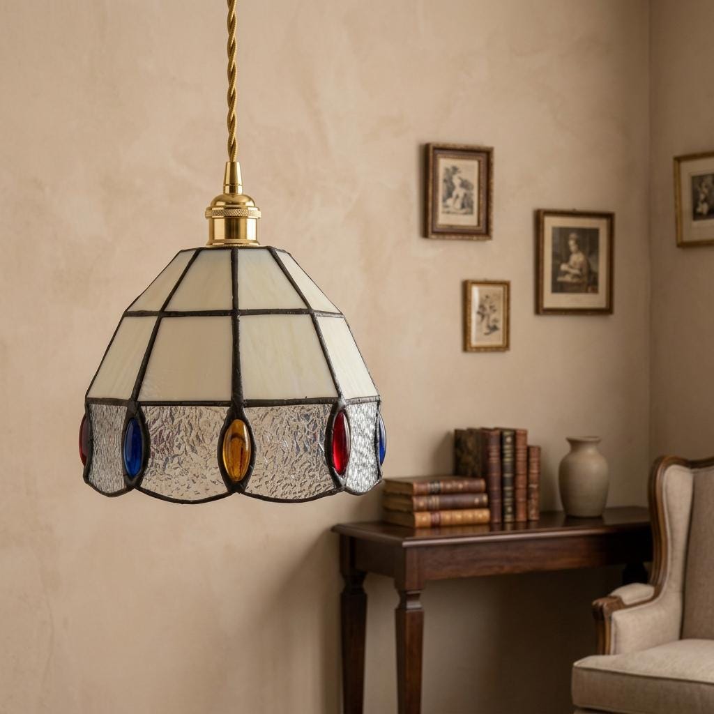 Handmade Cream Faceted Bell Tiffany-Inspired Pendant Light with Red, Blue, and Amber-tone Ovals - view 8