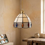 Handmade Cream Faceted Bell Tiffany-Inspired Pendant Light with Red, Blue, and Amber-tone Ovals - view 10