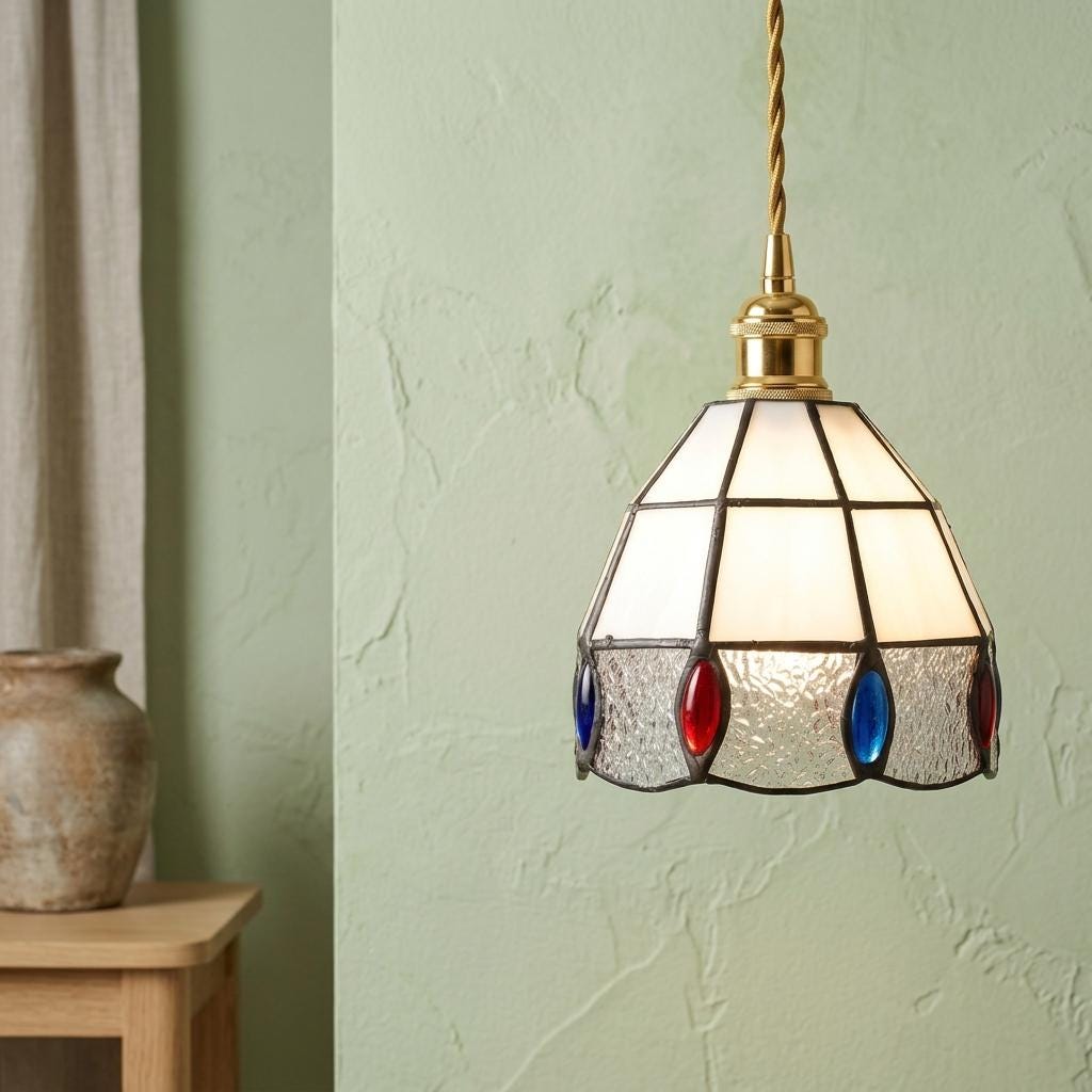 Handmade Cream Faceted Bell Tiffany-Inspired Pendant Light with Red, Blue, and Amber-tone Ovals - view 5