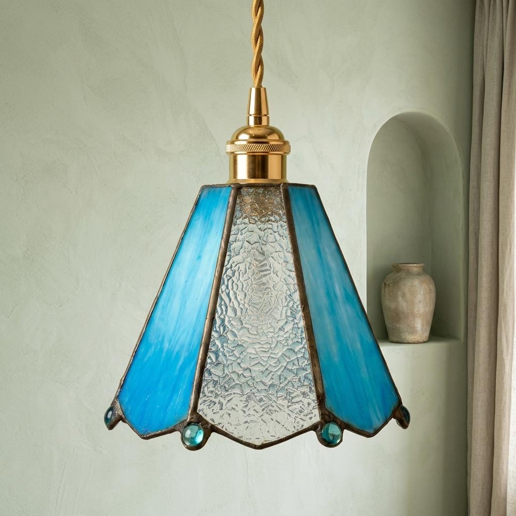 Handmade Blue and Clear Bell Tiffany-Inspired Pendant Light with Teardrop Edge Details - view 7