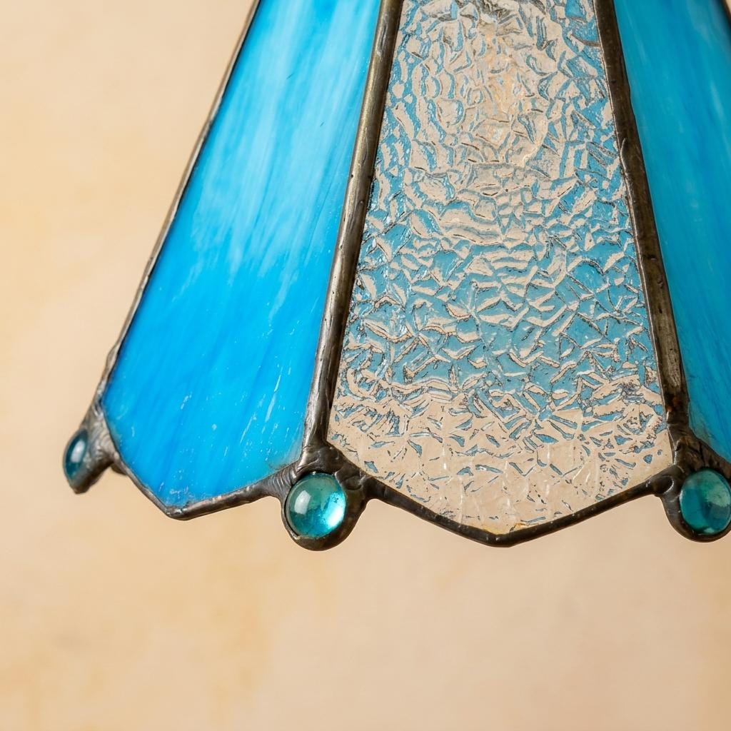 Handmade Blue and Clear Bell Tiffany-Inspired Pendant Light with Teardrop Edge Details - view 3