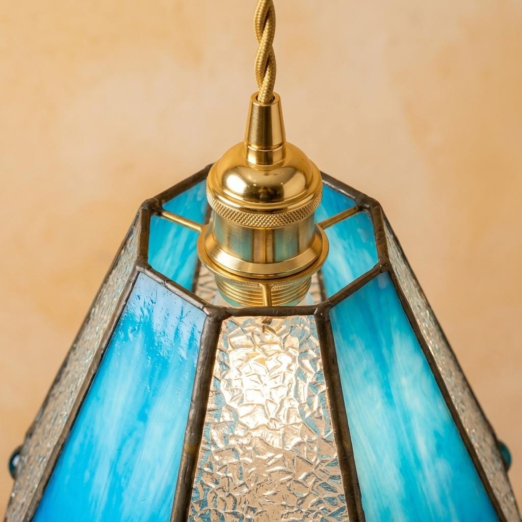 Handmade Blue and Clear Bell Tiffany-Inspired Pendant Light with Teardrop Edge Details - view 4