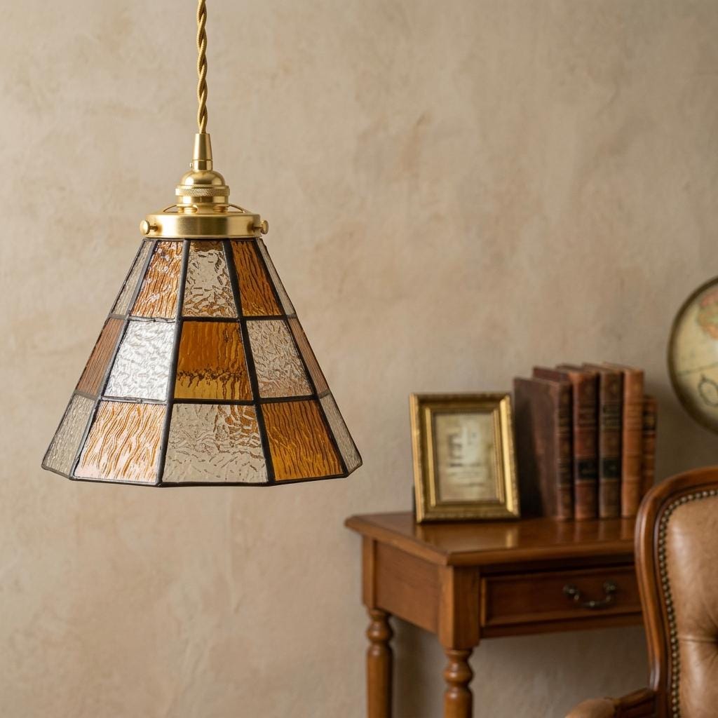 Handmade Amber-tone Grid Tiffany-Inspired Pendant Light with Cream and Orange Panels - view 8