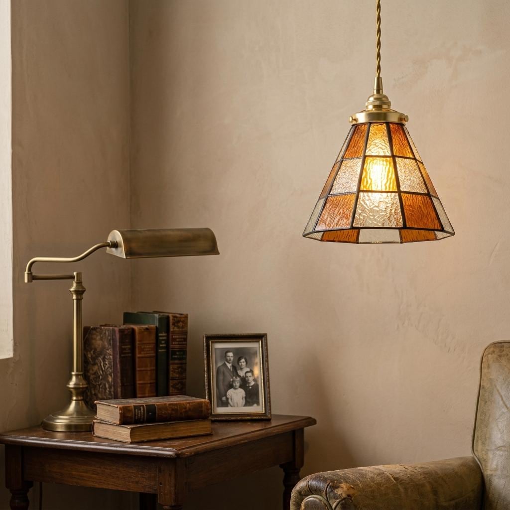 Handmade Amber-tone Grid Tiffany-Inspired Pendant Light with Cream and Orange Panels - view 7