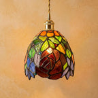 Handmade Orange Floral Dome Tiffany-Inspired Pendant Light with Multicolor Botanical Pattern by AuroraeGlass