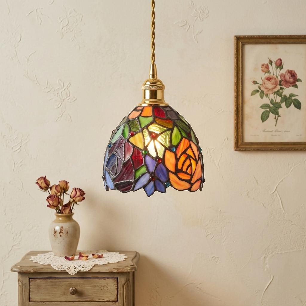 Handmade Orange Floral Dome Tiffany-Inspired Pendant Light with Multicolor Botanical Pattern - view 10
