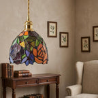 Handmade Orange Floral Dome Tiffany-Inspired Pendant Light with Multicolor Botanical Pattern - view 9
