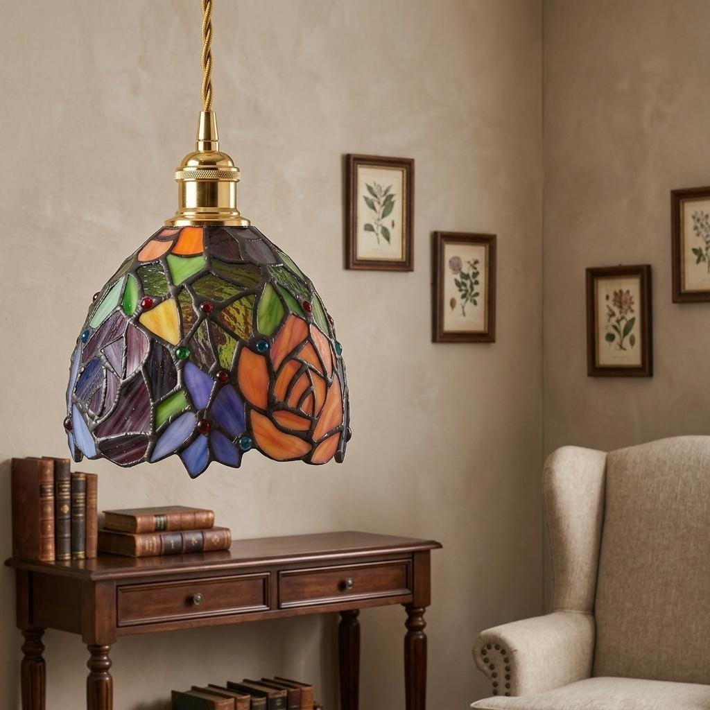Handmade Orange Floral Dome Tiffany-Inspired Pendant Light with Multicolor Botanical Pattern - view 9