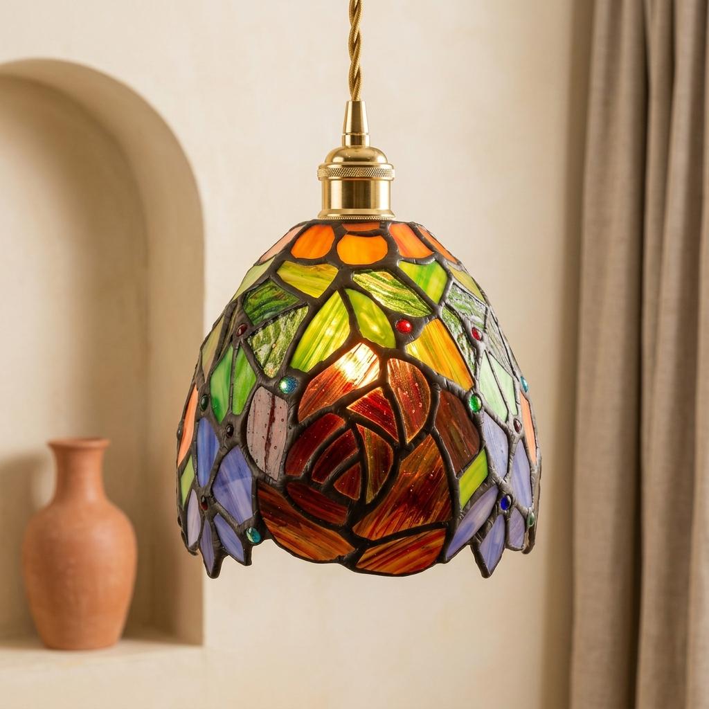 Handmade Orange Floral Dome Tiffany-Inspired Pendant Light with Multicolor Botanical Pattern - view 6