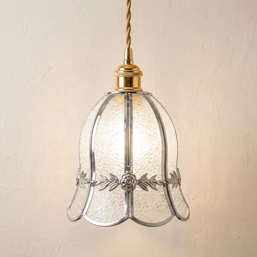 Handmade Clear Bell Pendant Light with Silver-Tone Floral Band and Scalloped Edge by AuroraeGlass