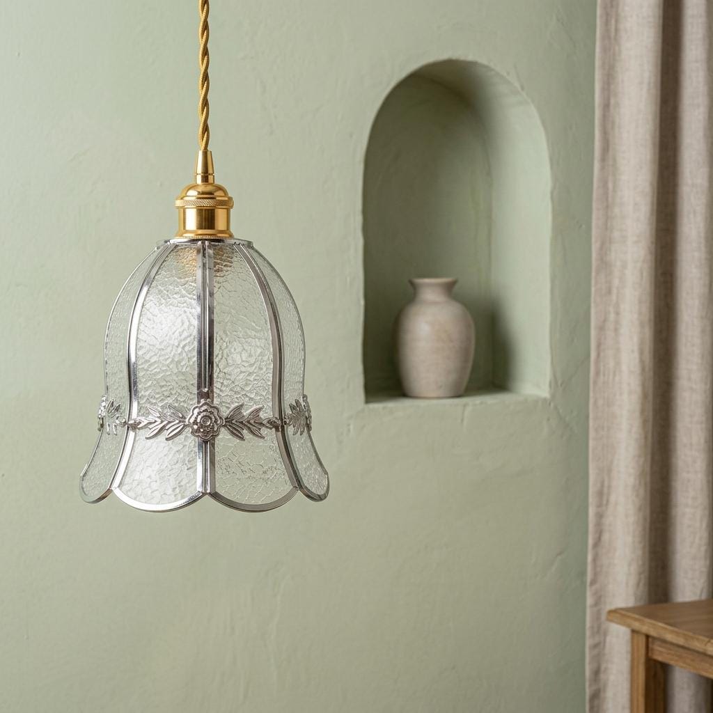 Handmade Clear Bell Pendant Light with Silver-Tone Floral Band and Scalloped Edge - view 7