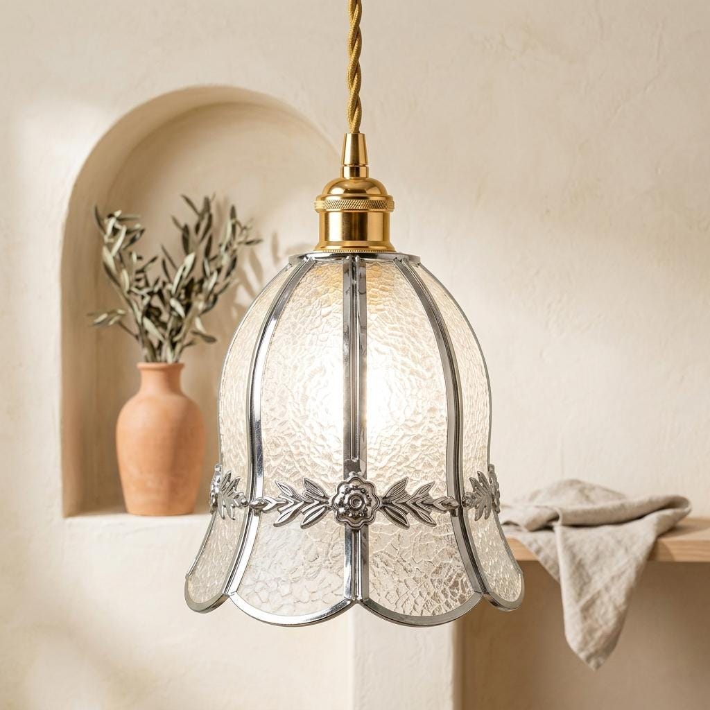 Handmade Clear Bell Pendant Light with Silver-Tone Floral Band and Scalloped Edge - view 10