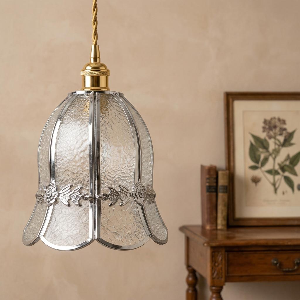 Handmade Clear Bell Pendant Light with Silver-Tone Floral Band and Scalloped Edge - view 9