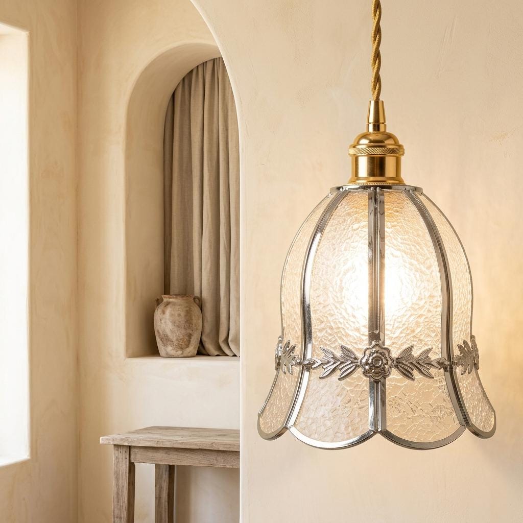 Handmade Clear Bell Pendant Light with Silver-Tone Floral Band and Scalloped Edge - view 6