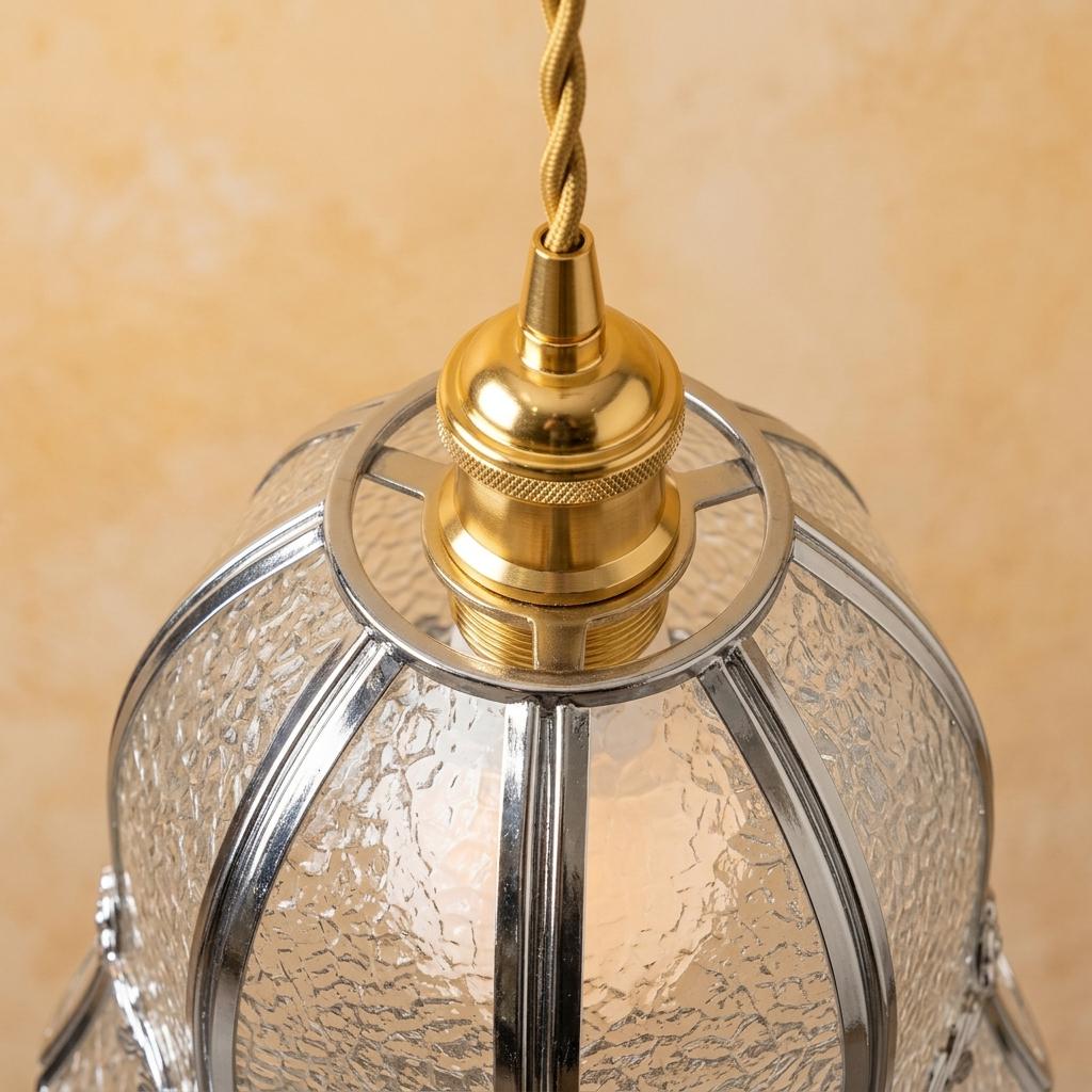Handmade Clear Bell Pendant Light with Silver-Tone Floral Band and Scalloped Edge - view 4
