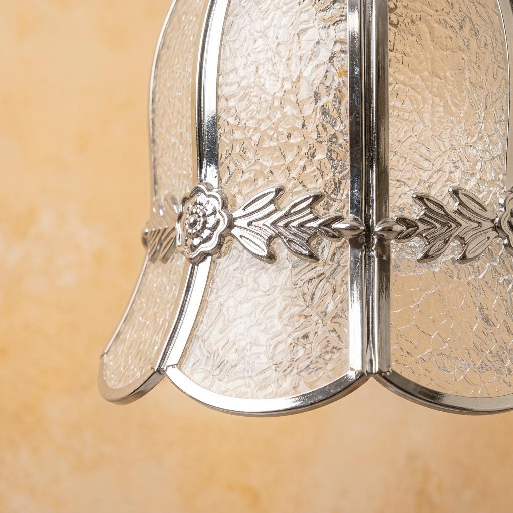 Handmade Clear Bell Pendant Light with Silver-Tone Floral Band and Scalloped Edge - view 3
