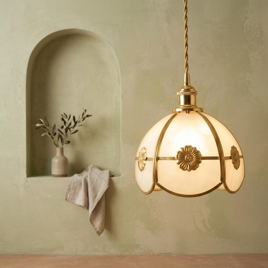 Handmade Cream Segmented Dome Pendant Light with Gold-Tone Floral Medallions - view 6