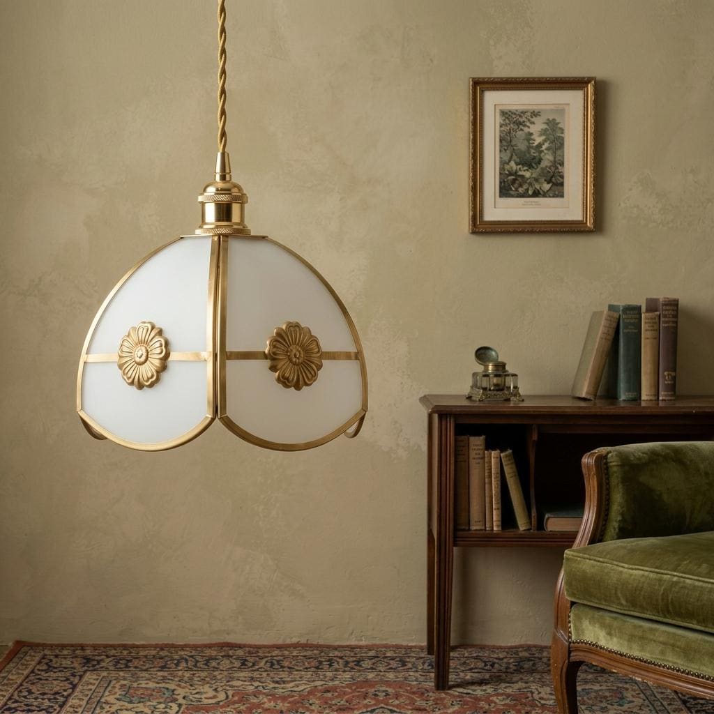 Handmade Cream Segmented Dome Pendant Light with Gold-Tone Floral Medallions - view 9