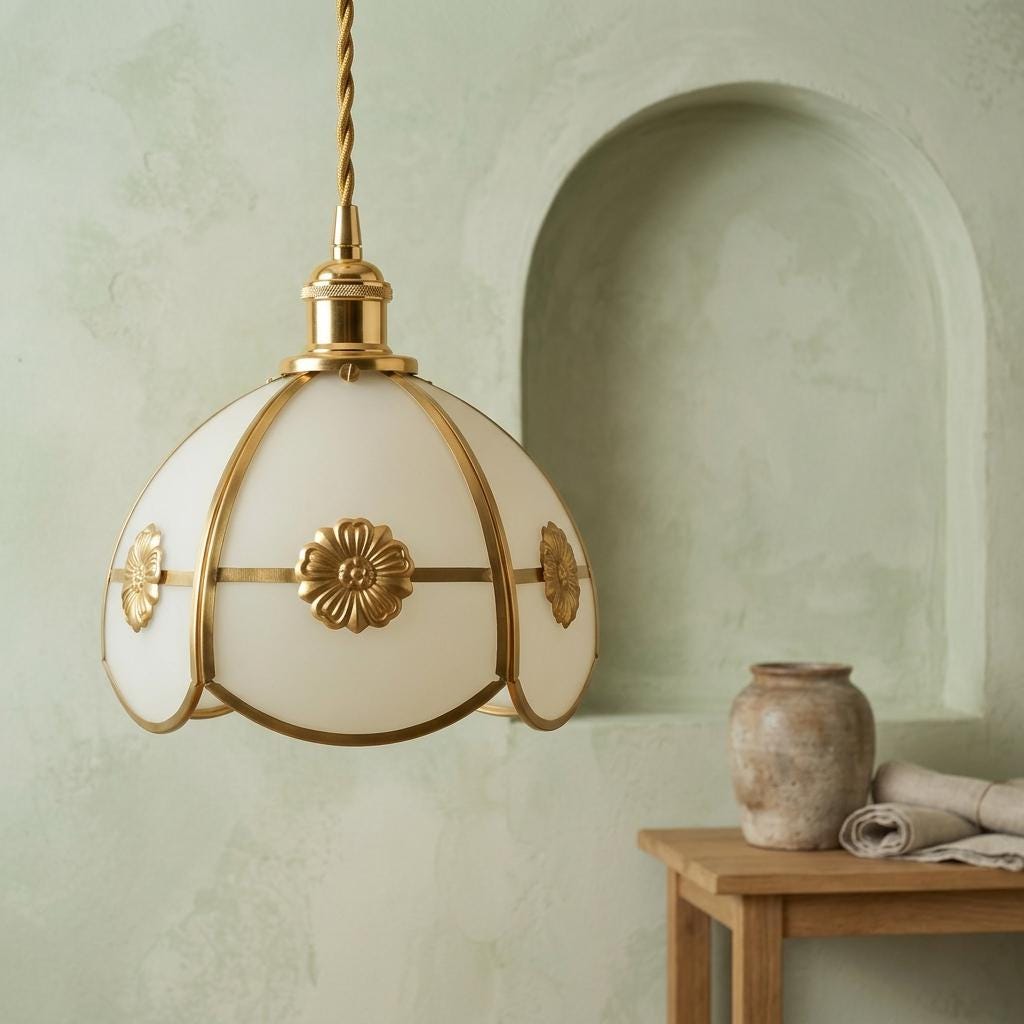 Handmade Cream Segmented Dome Pendant Light with Gold-Tone Floral Medallions - view 7