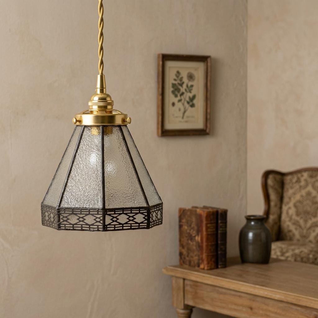 Handmade Clear Geometric Bell Pendant Light with Dark Lattice Border - view 9
