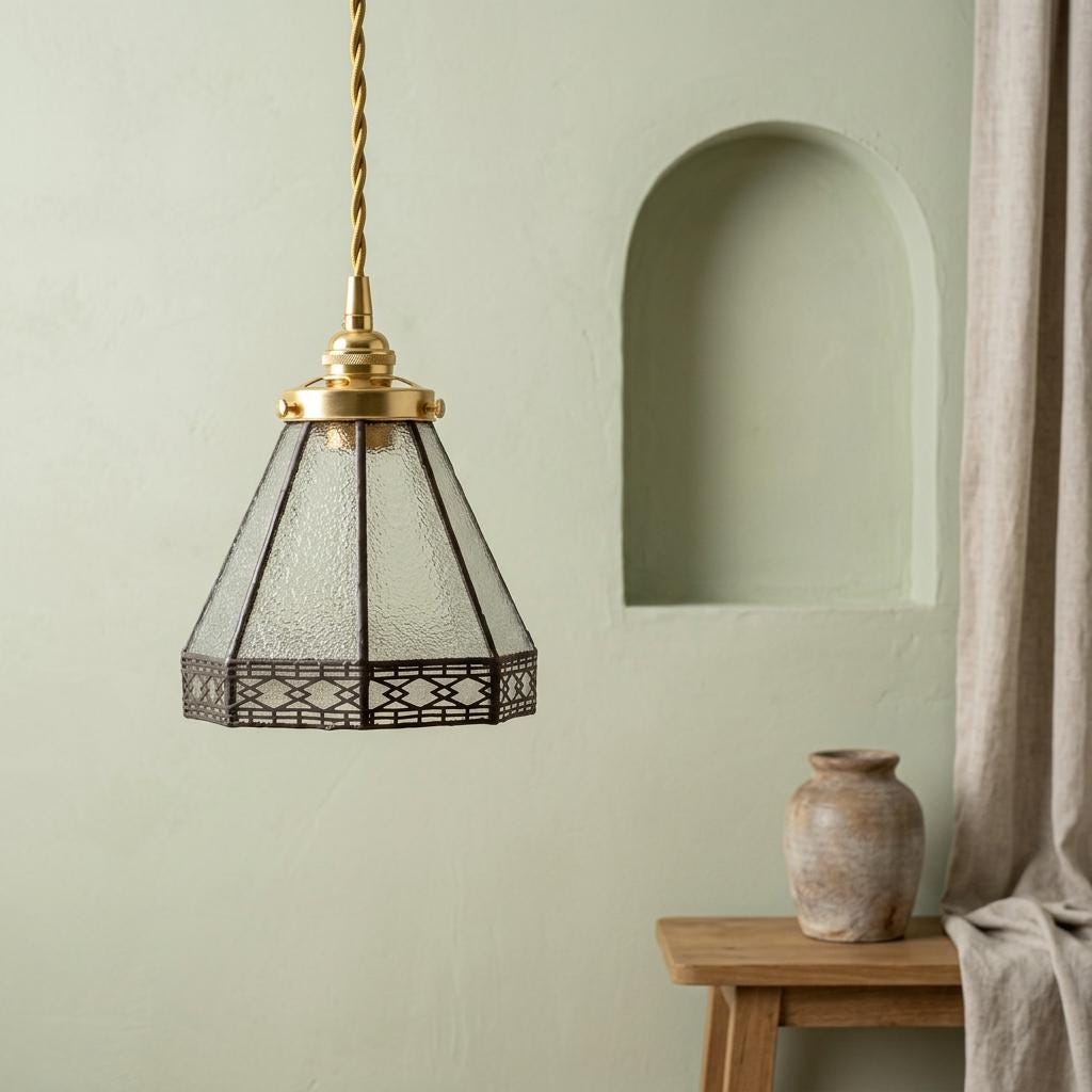 Handmade Clear Geometric Bell Pendant Light with Dark Lattice Border - view 7