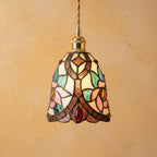 Handmade Pink Floral Tiffany-Inspired Pendant Light with Blue Botanical Shapes and Rounded Bell by AuroraeGlass