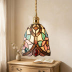 Handmade Pink Floral Tiffany-Inspired Pendant Light with Blue Botanical Shapes and Rounded Bell - view 10