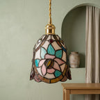 Handmade Pink Floral Tiffany-Inspired Pendant Light with Blue Botanical Shapes and Rounded Bell - view 7