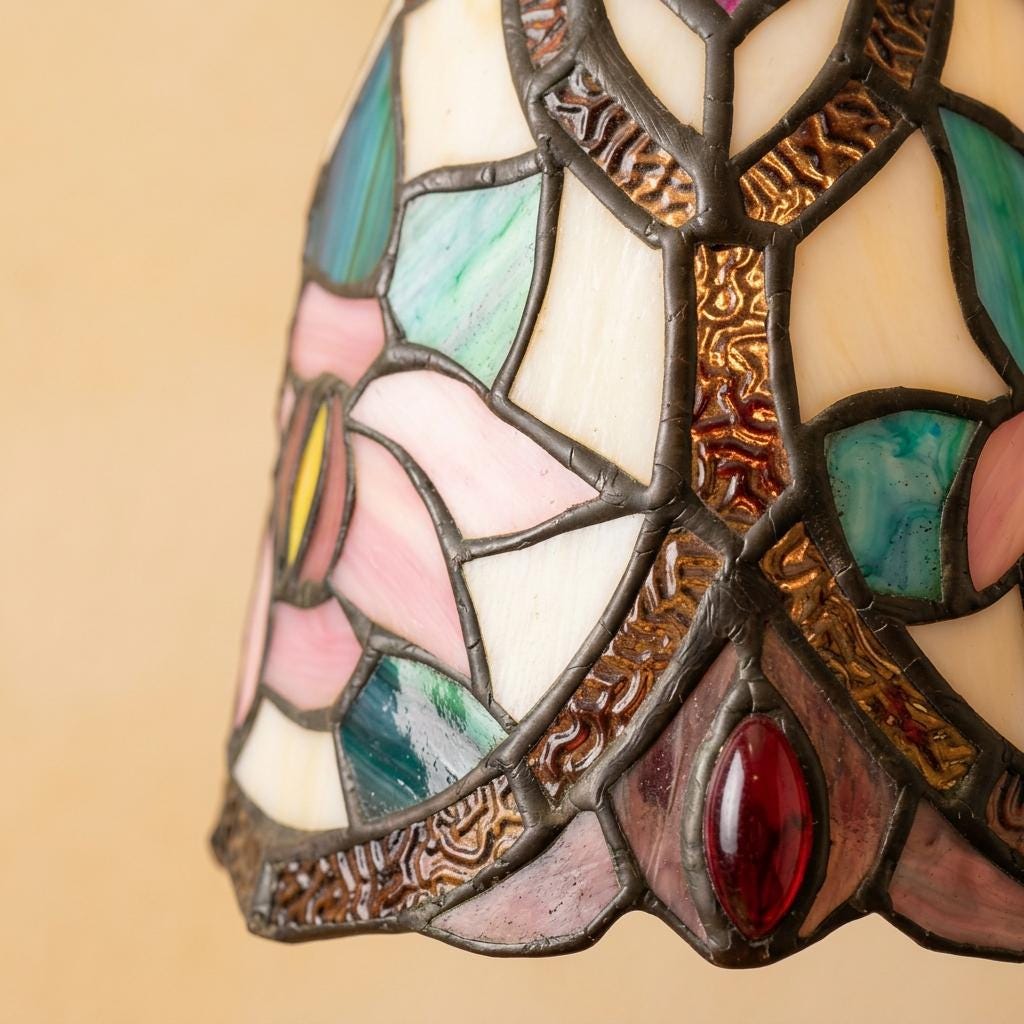 Handmade Pink Floral Tiffany-Inspired Pendant Light with Blue Botanical Shapes and Rounded Bell - view 2
