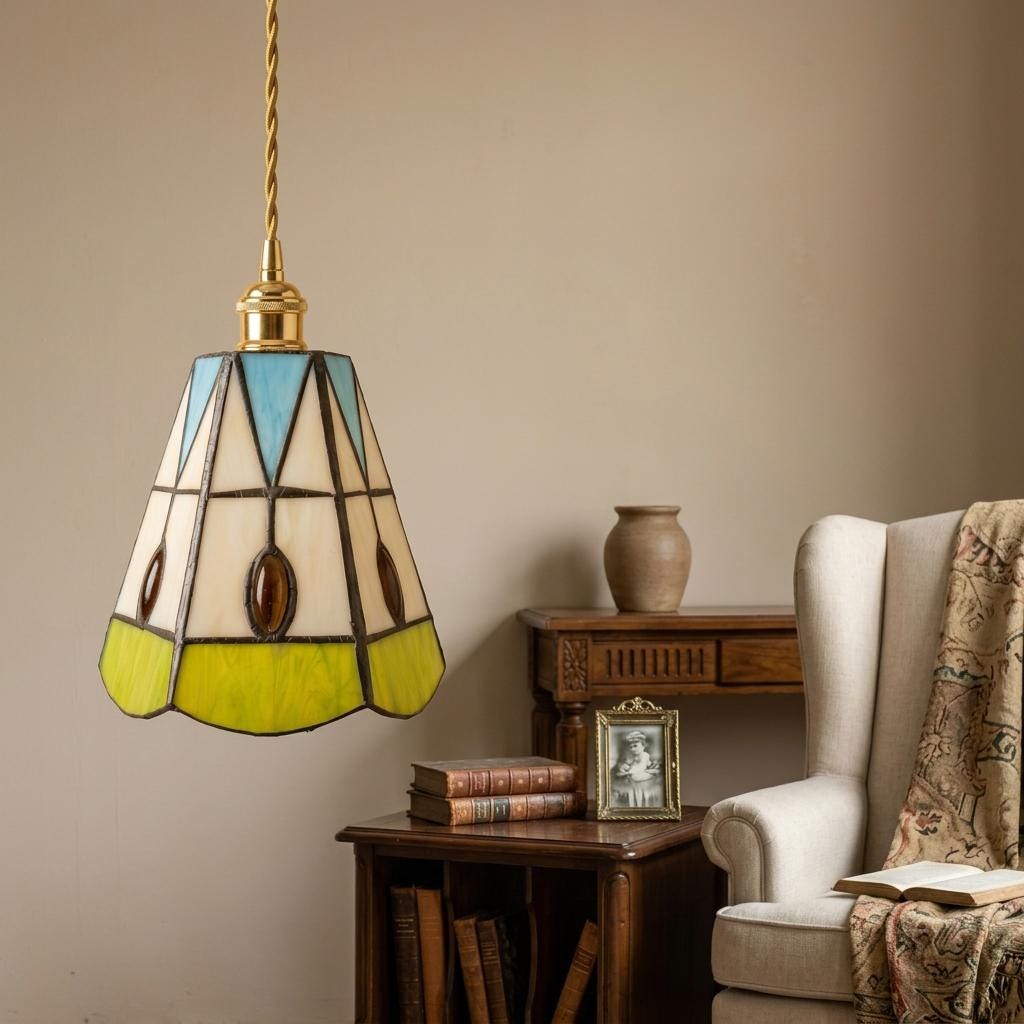 Handmade Cream Bell Tiffany-Inspired Pendant Light with Blue Triangles and Amber-tone Oval Details - view 9