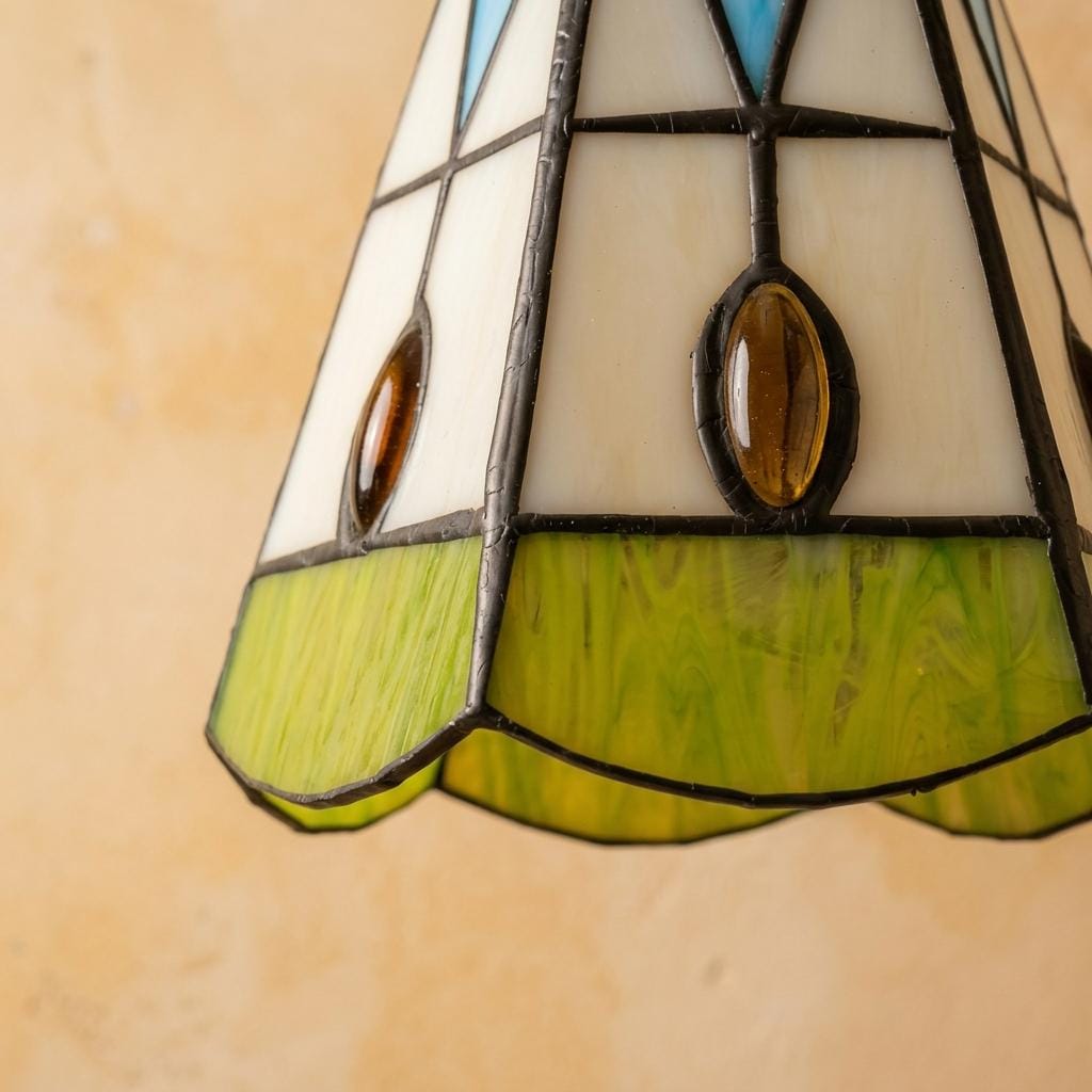 Handmade Cream Bell Tiffany-Inspired Pendant Light with Blue Triangles and Amber-tone Oval Details - view 2