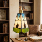 Handmade Cream Bell Tiffany-Inspired Pendant Light with Blue Triangles and Amber-tone Oval Details - view 10