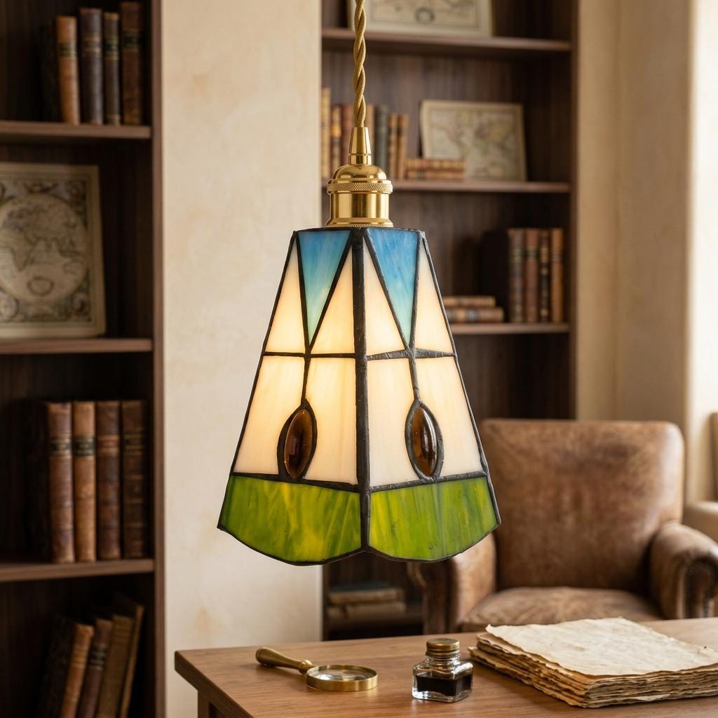 Handmade Cream Bell Tiffany-Inspired Pendant Light with Blue Triangles and Amber-tone Oval Details - view 10