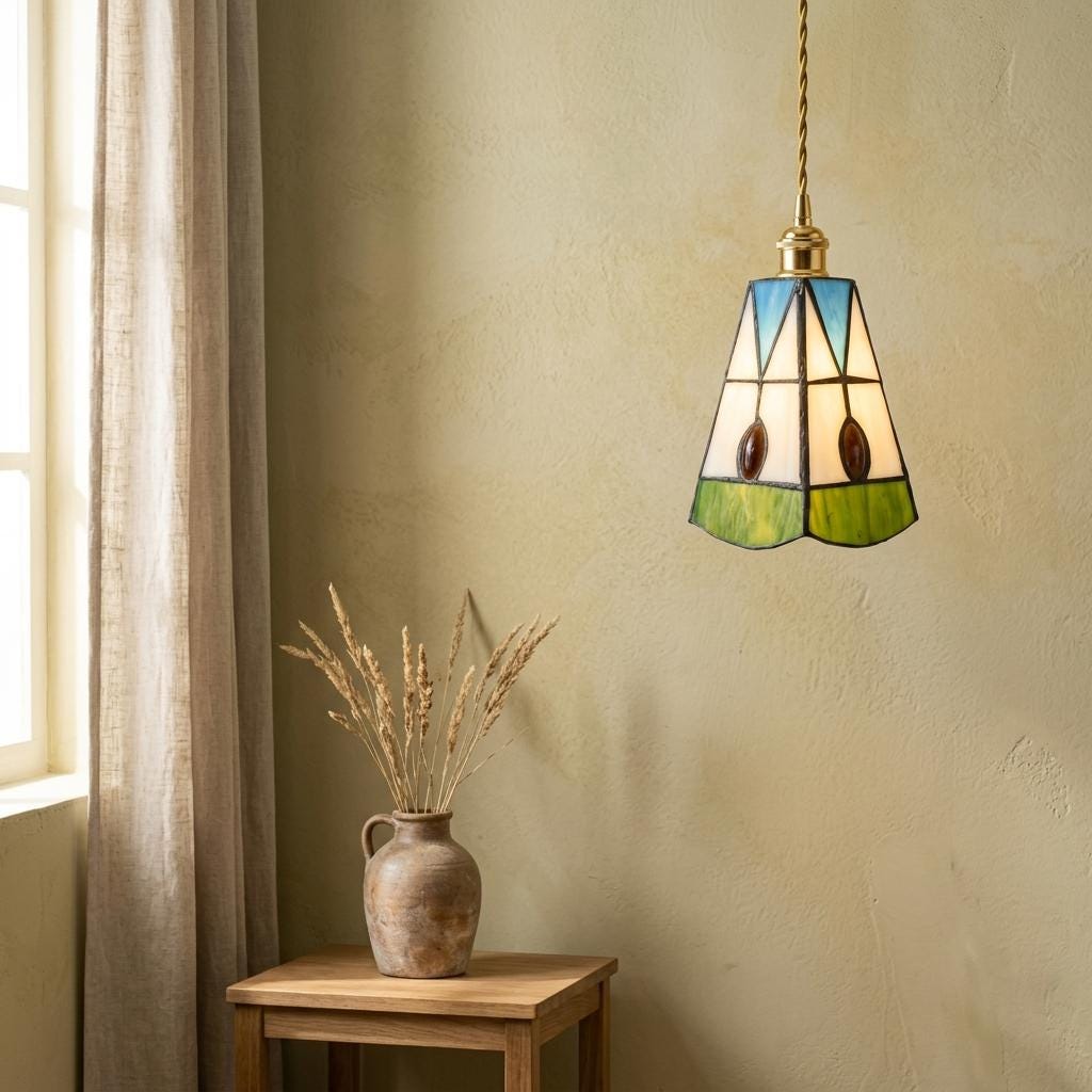 Handmade Cream Bell Tiffany-Inspired Pendant Light with Blue Triangles and Amber-tone Oval Details - view 6