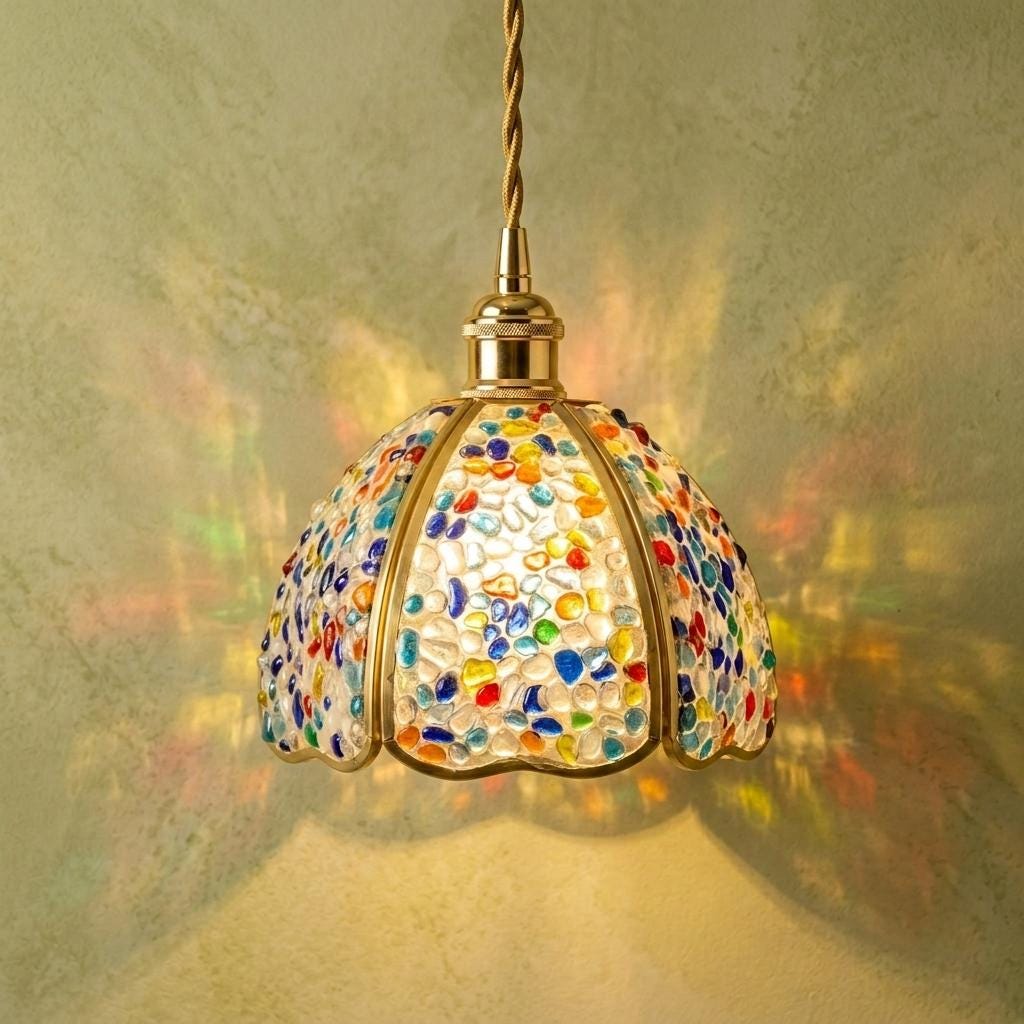 Handmade Multicolor Pebble-Pattern Pendant Light with Speckled Dome by AuroraeGlass