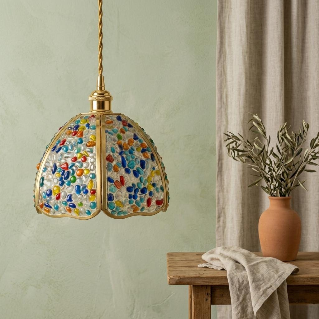 Handmade Multicolor Pebble-Pattern Pendant Light with Speckled Dome - view 7