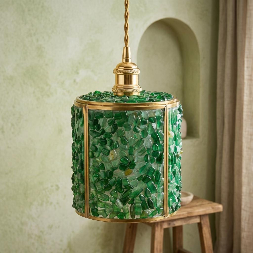 Green Pebble-Pattern Tiffany-Inspired Pendant Light, Cylinder Lantern with Gold-Tone Frame, Handmade - view 7