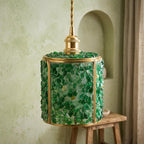 Green Pebble-Pattern Tiffany-Inspired Pendant Light, Cylinder Lantern with Gold-Tone Frame, Handmade - view 7