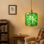 Green Pebble-Pattern Tiffany-Inspired Pendant Light, Cylinder Lantern with Gold-Tone Frame, Handmade - view 8