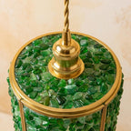 Green Pebble-Pattern Tiffany-Inspired Pendant Light, Cylinder Lantern with Gold-Tone Frame, Handmade - view 4