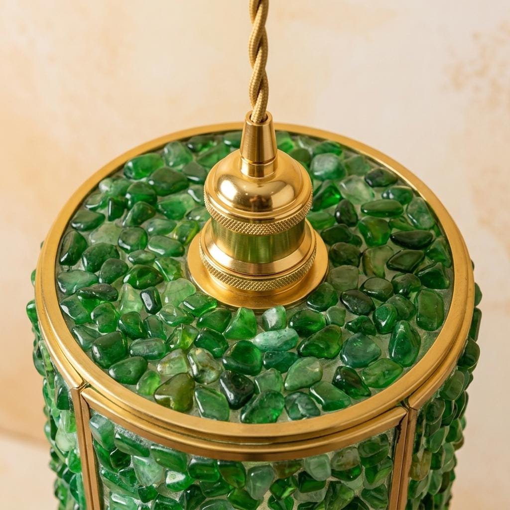 Green Pebble-Pattern Tiffany-Inspired Pendant Light, Cylinder Lantern with Gold-Tone Frame, Handmade - view 4