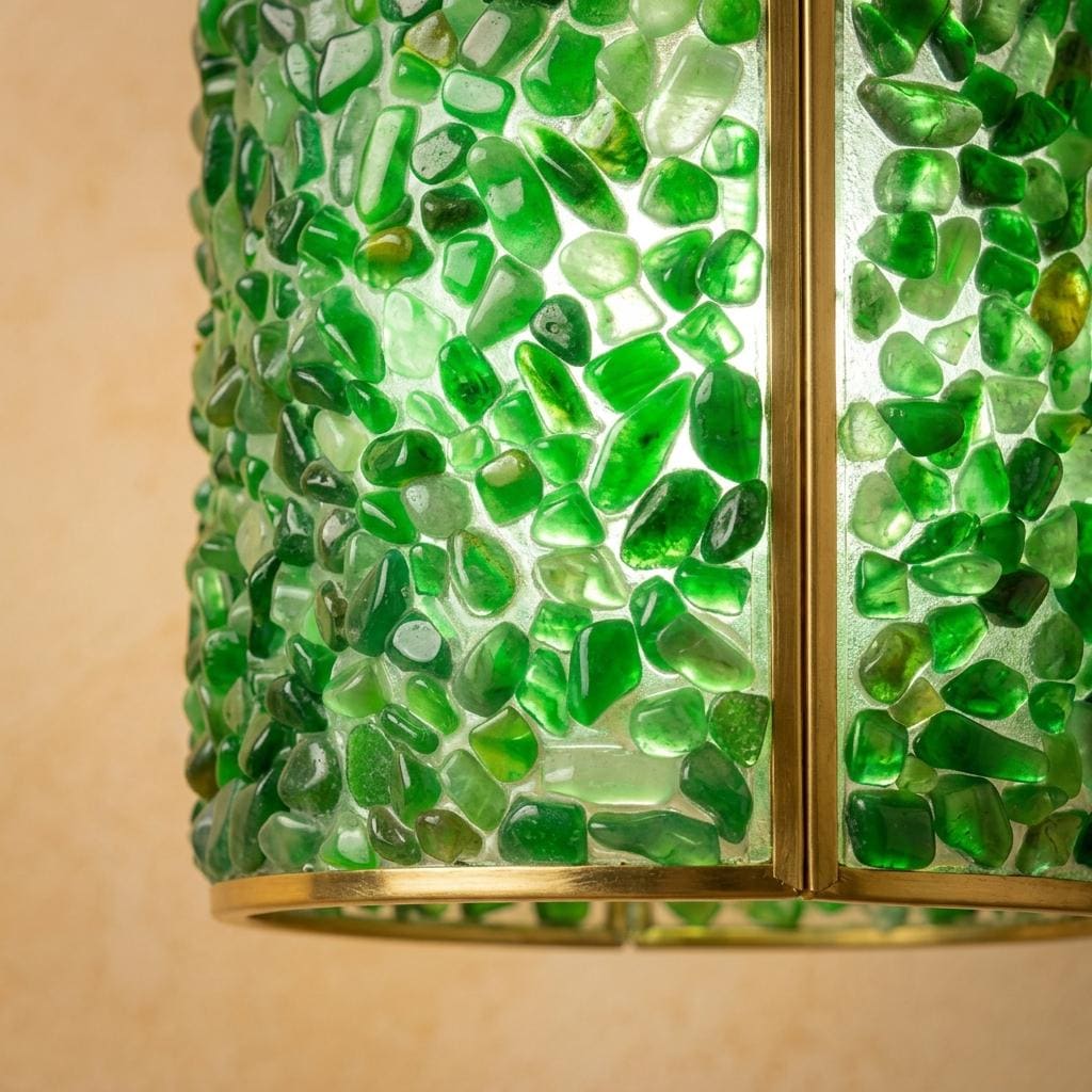 Green Pebble-Pattern Tiffany-Inspired Pendant Light, Cylinder Lantern with Gold-Tone Frame, Handmade - view 3