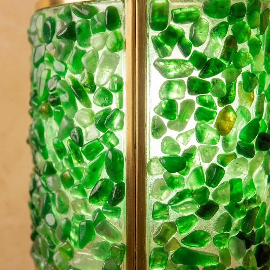 Green Pebble-Pattern Tiffany-Inspired Pendant Light, Cylinder Lantern with Gold-Tone Frame, Handmade - view 2