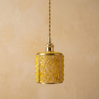 Honey Yellow Pebble-Pattern Tiffany-Inspired Pendant Light, Cylinder Lantern, Handmade - view 4